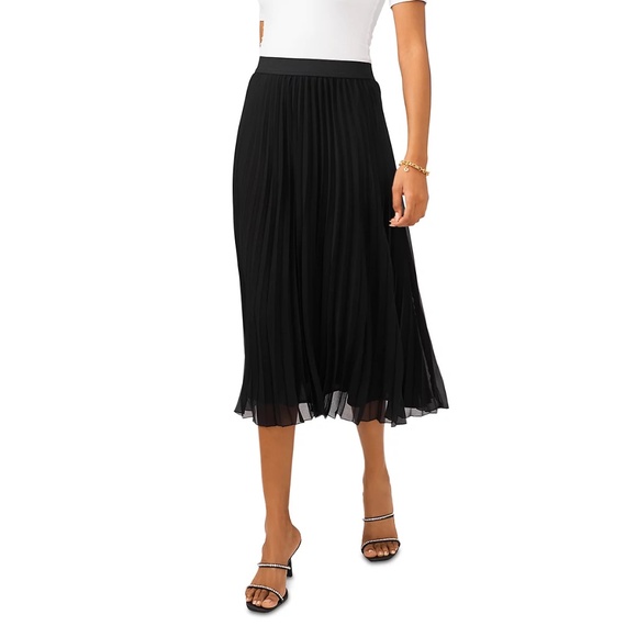VINCE CAMUTO Sz M Black Pleated Chiffon Midi Skirt Elastic Waist Pull On - Picture 1 of 7